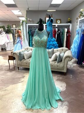 Sequin Halter-Applique Mint Prom Dress by